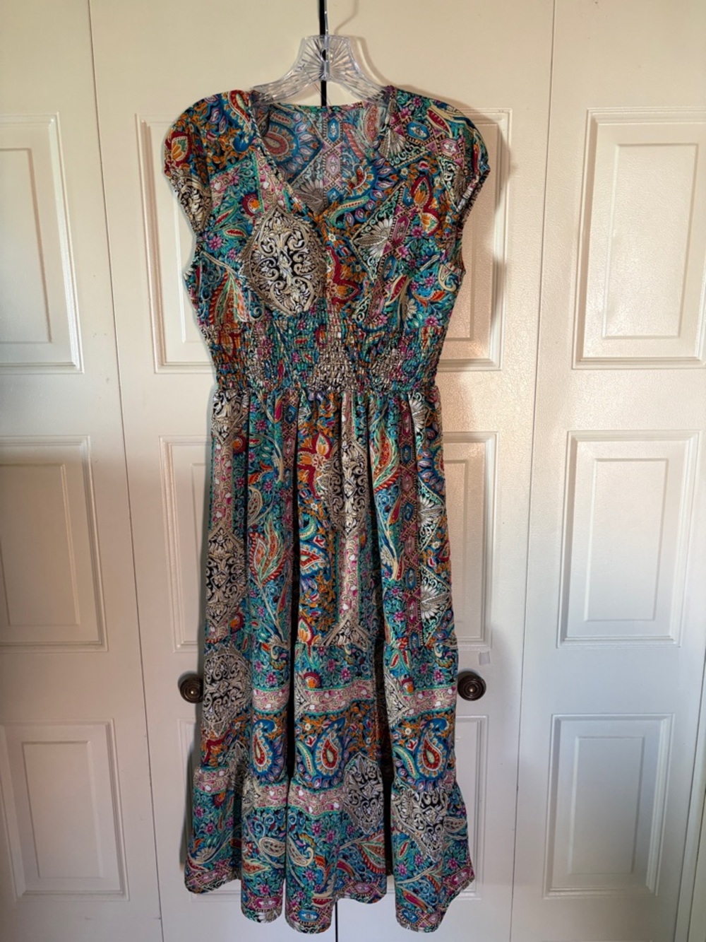 Boho Eclectic Hippie Free Spirited Paisley Colorful Dress smocked Ruffle  Small
